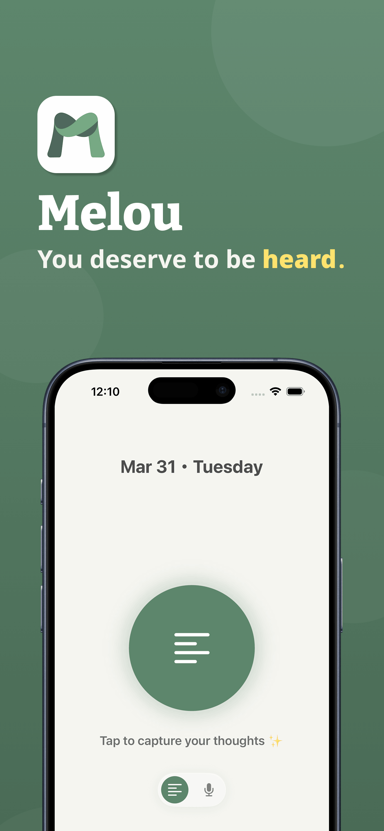 Melou app interface — private voice journaling and mood tracking