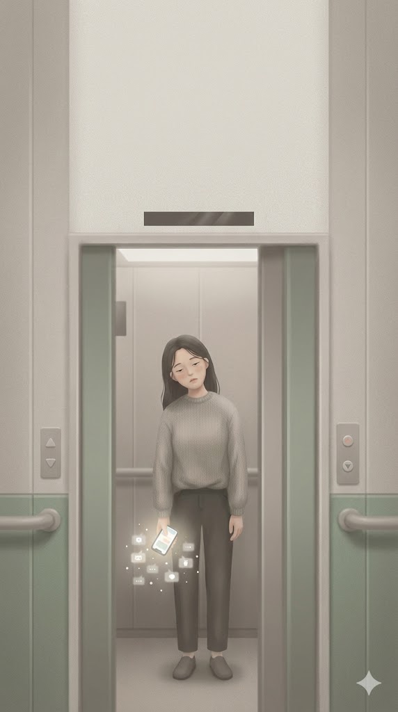 Melou emotion journal — a tired moment in the elevator after work